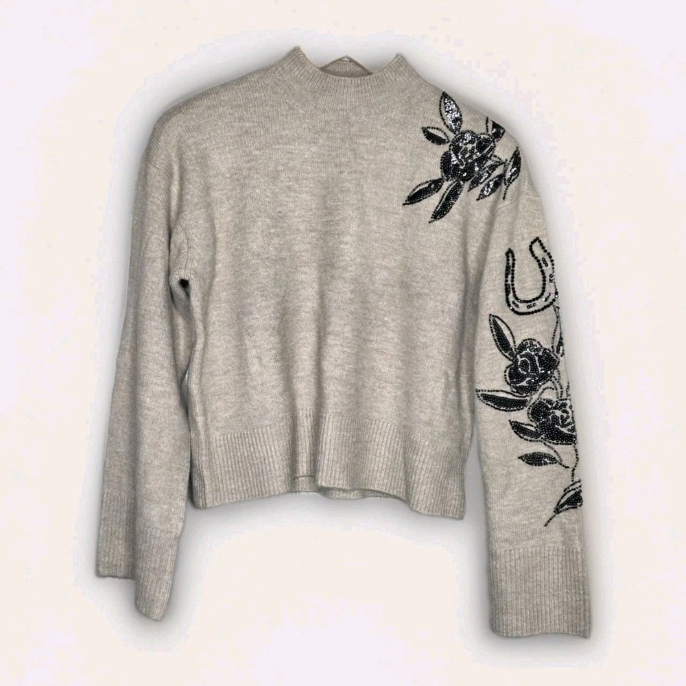 Ariat All In Embroidered Beaded Floral Crew Neck Long Sleeve Knit Sz Med Taupe